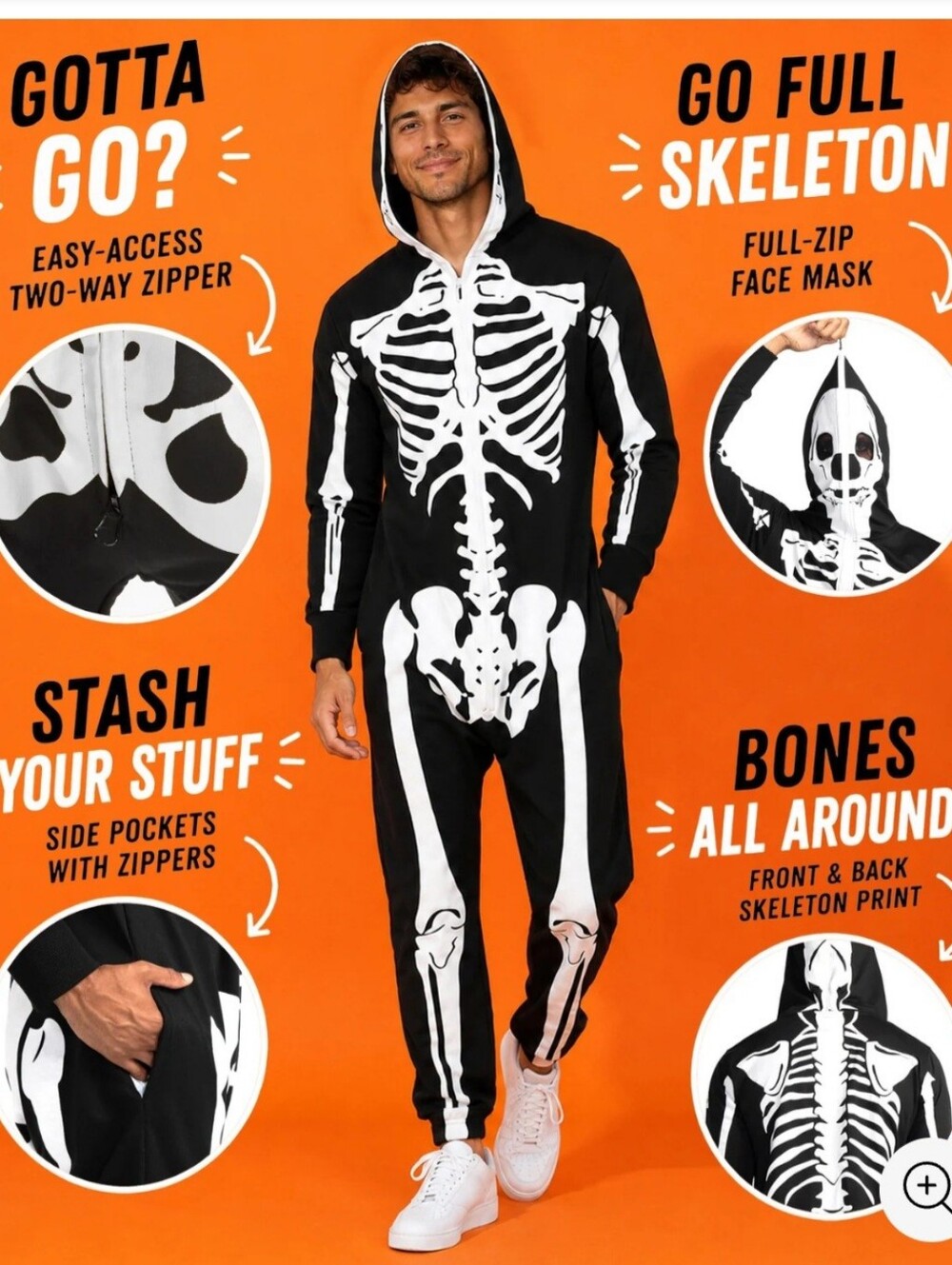 Tipsy Elves Black and White Skeleton Onesie Jumpsuit Hoodie